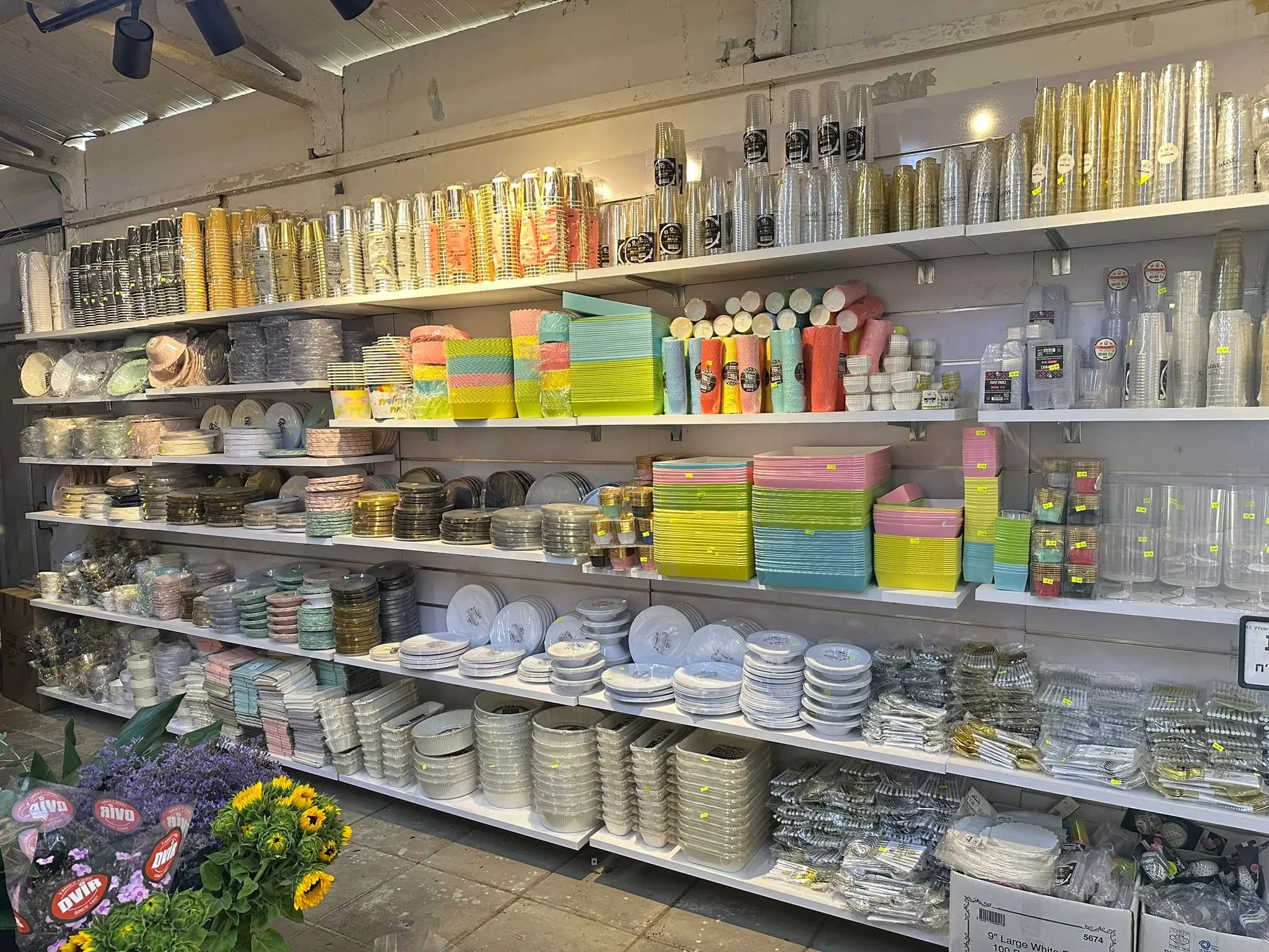 מדפי חנות עם כוסות וצלחות חד פעמיות בצבעים שונים